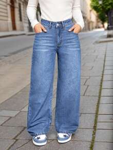 Teen Girls' Navy Blue Casual Cat Whisker Straight Leg Jeans - Medium Wash - View 8