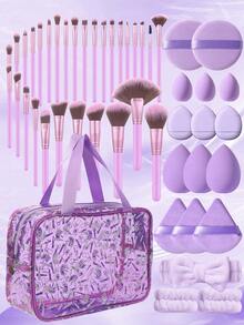 48Pcs Purple All-In-One Makeup Tools Set, 30Pcs Purple Makeup Brushes, Multi-Size Makeup Sponges, Round & Triangle Powder Puffs, Bow Headband And Printed Portable Cosmetic Bag - Multicolor - View 12