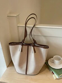 Bolso tote de gran capacidad con diseño de bloques de color y patchwork - Marrón - Ver 1