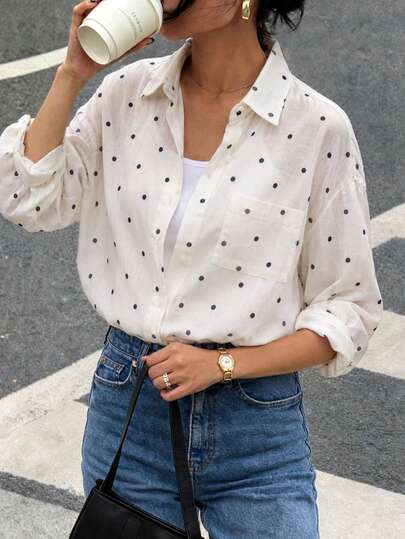 Women's Polka Dot Print Button-Up Shirt, Roll-Up Sleeves, Chest Pocket, Loose Casual Shirt White Vacation