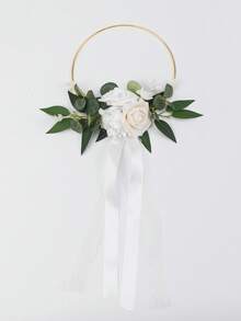 1Pc Gold Hoop Wedding Bouquet With Artificial Roses&Eucalyptus, Satin Ribbon Lace, Bridesmaid Circle Flower Hoop For Wedding Ceremony Photo Prop - Multicolor - View 12