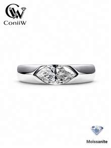 ConiiW 925 Sterling Silver Couple's Rings/Wedding Bands Featuring A 1-Carat Marquise-Cut Moissanite And A Semi-Bezel Setting (Unisex) - Silver - View 2