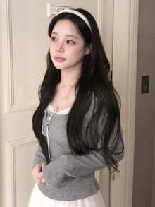 女款法式蕾絲拼接針織長袖T恤，秋季新款甜美修身打底上衣 - 灰色 - 查看 5