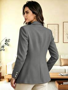 Women's Elegant Fashionable Commuter Dark Gray Regular Fit Lapel Long Sleeve Open Front Knit Blazer With Button Details - Dark Grey - View 4