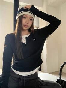 美式休閒刺繡設計 2 合 1 收腰長袖 T 恤，修身顯瘦春季上衣，黑色 - 黑色 - 查看 3