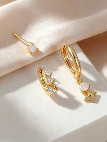 3pcs Exquisite Cubic Zirconia Inlaid Earrings Set, Suitable For Women's Daily Wear, Date, Party, Gathering, Layering - Yellow Gold - View 2