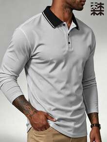 mulinsen Men's Contrast Color Turn-Down Collar Long Sleeve Polo Shirt, Business Casual Button-Up Knit Sports T-Shirt, Spring/Autumn Solid Color - Light Grey - View 4