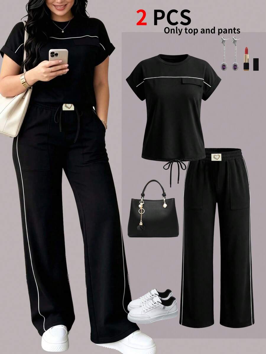 Women's New Spring/Summer/Autumn Solid Color Minimalist Round Neck Short Sleeve Top And High Waist Straight Leg Pants 2 Pieces Set Elegant Black - Black - View 1