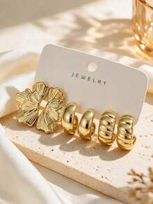 3-12 Pairs Gold Flower Earrings And Thick Hoop Earrings Set, Vintage High-End Women's Fashion Accessories, Suitable For Party, Date, Vacation - Gold - View 6
