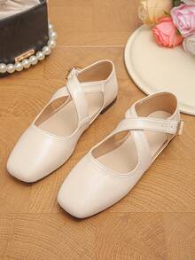 Plus Size 35-43 Beige Women's Classic Minimalist Fashion Smooth Leather Cross Strap Vintage Metal Buckle Side Hollow Square Toe Flat Mary Jane Shoes, Lightweight Comfortable Non-Slip Wear-Resistant Versatile For Daily Commute And Casual Wear, Spring/Summer - Beige PU-x Cross Strap - View 7