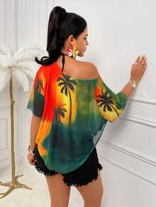 AIJ Women's Autumn Tropical Gradient Palm Tree Print Cold Shoulder Short Sleeve Loose Flowy Blouse, Suitable For Beach Vacation, Daily Casual Wear Summer - Gradient Orange-green - View 5