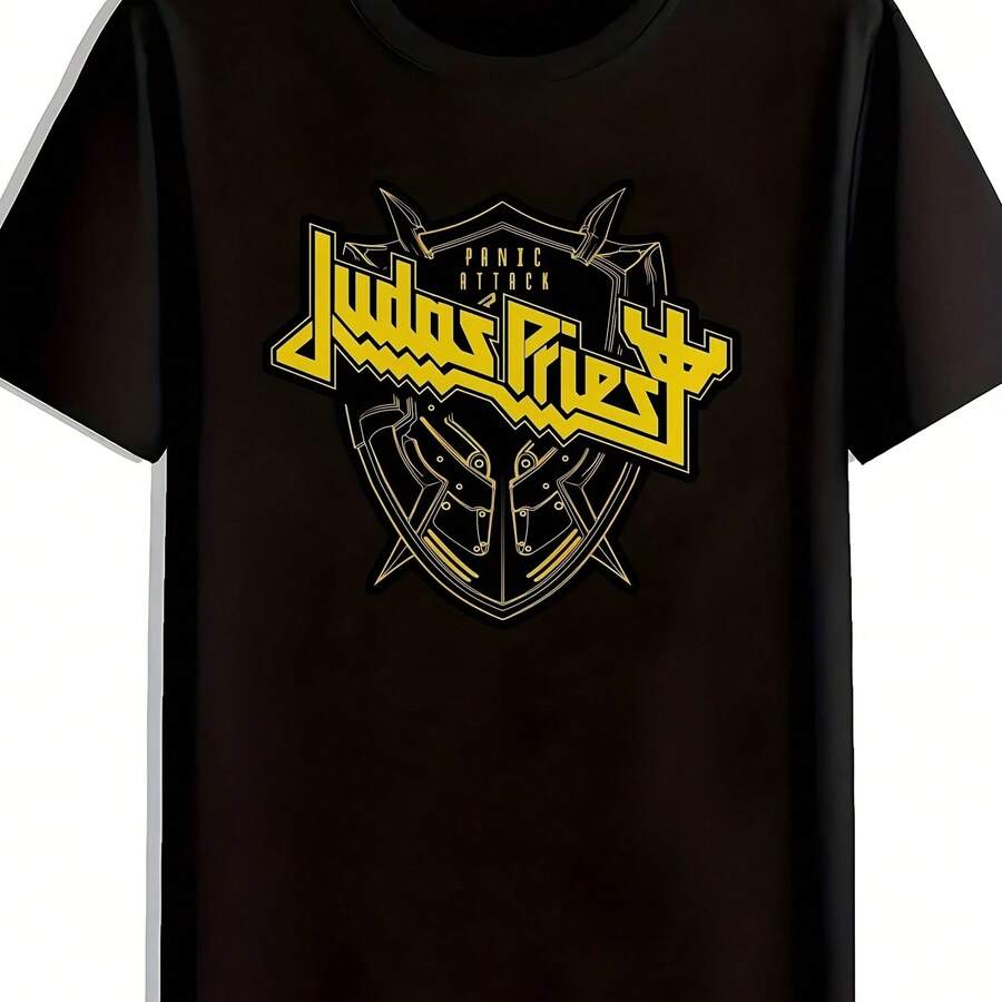Men's Black Rock Band Graphic T-Shirt Judas Priest Logo Design Summer Polyester Crew Neck Short Sleeve T-Shirt For Fans - 款式 - 查看 1