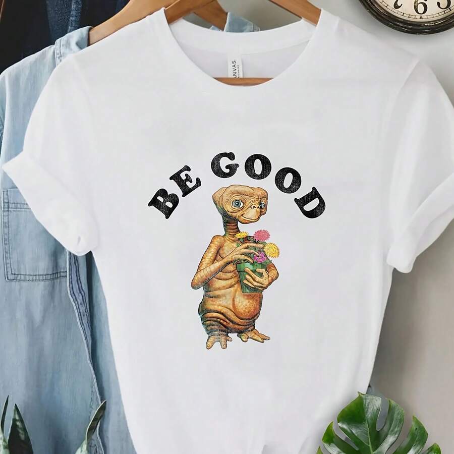 Harajuku T-Shirt für Frauen, Basic Casual Kurzarm Rundhals T-Shirt für Frauen, T-Shirt mit ET-Themen-Muster für Mädchen, Direktversand. - Form - Übersicht 1