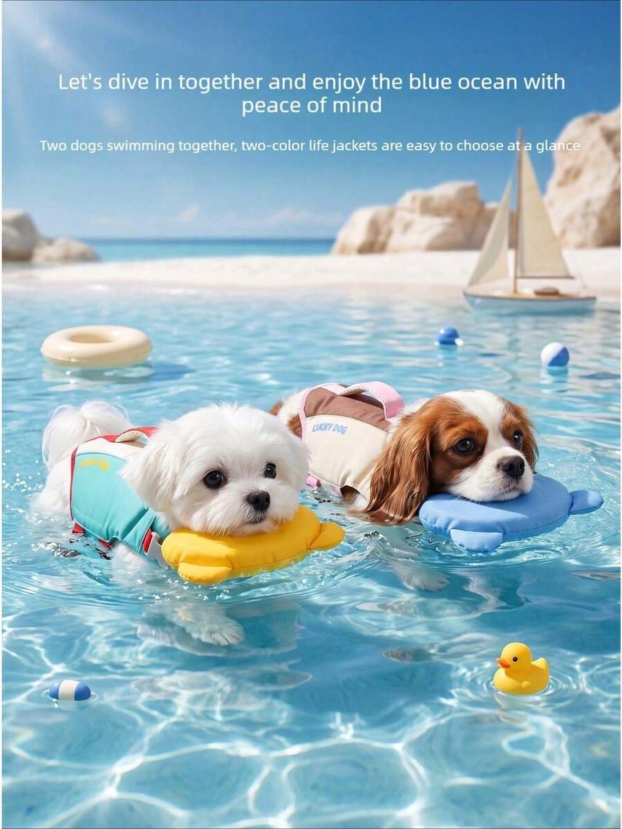 1pc Pet Dog Life Jacket Colorblock With Rescue Handle High Buoyancy Floating Vest Sporty For Summer Beach Pool Chin Rest Support Design - Yellow Bear - View 1