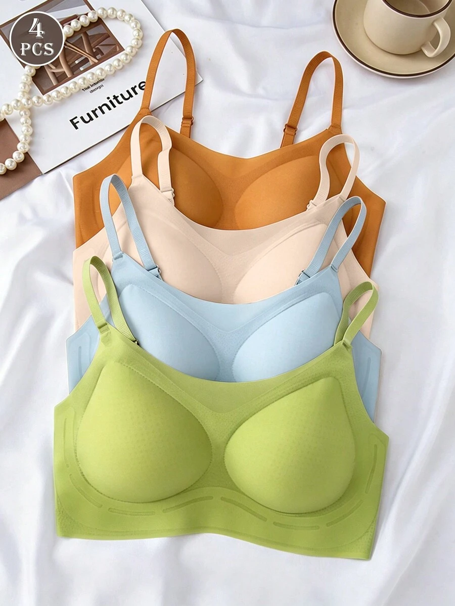 4件組女性小胸無縫聚攏內衣,超薄透氣冰絲性感舒適露背胸罩 - 彩色 - 查看 1