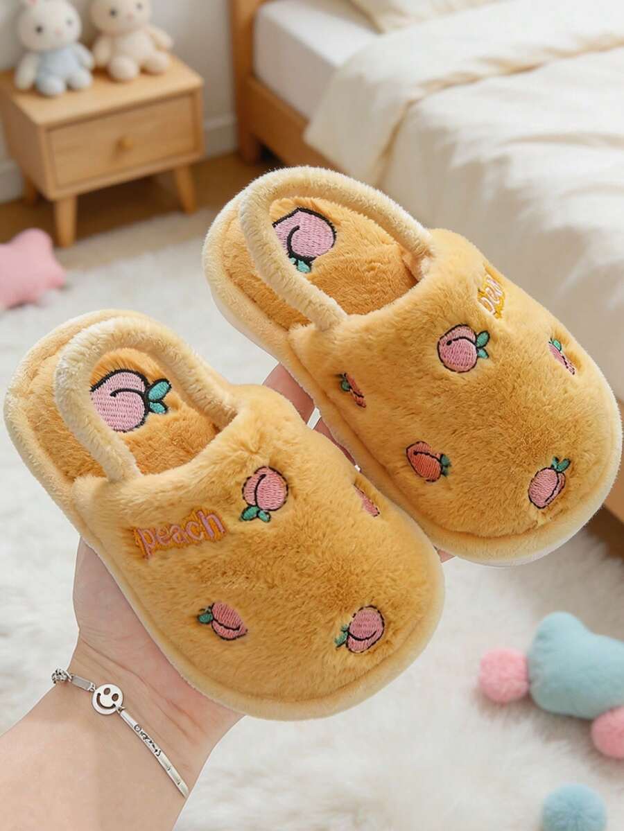 1雙時尚可愛桃子刺繡裝飾防滑保暖拖鞋，適合兒童