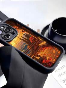 1 buah Casing Ponsel Motif Daun Maple Matahari Terbenam Musim Gugur Tangga Tianyan, Bingkai Kulit Hitam, Pelindung TPU Lembut Tahan Guncangan, Kompatibel dengan Ponsel GALAXY, HONOR - Hitam - View 2