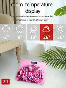 1pc LED Display Electronic Scale, "Queen" Letter With Butterfly And Crown Shiny Pattern, Pink Background, Uses AAA Batteries (Batteries Not Included), Max Weight 400lbs/180kg, With Temperature Detection - Multicolor - View 7