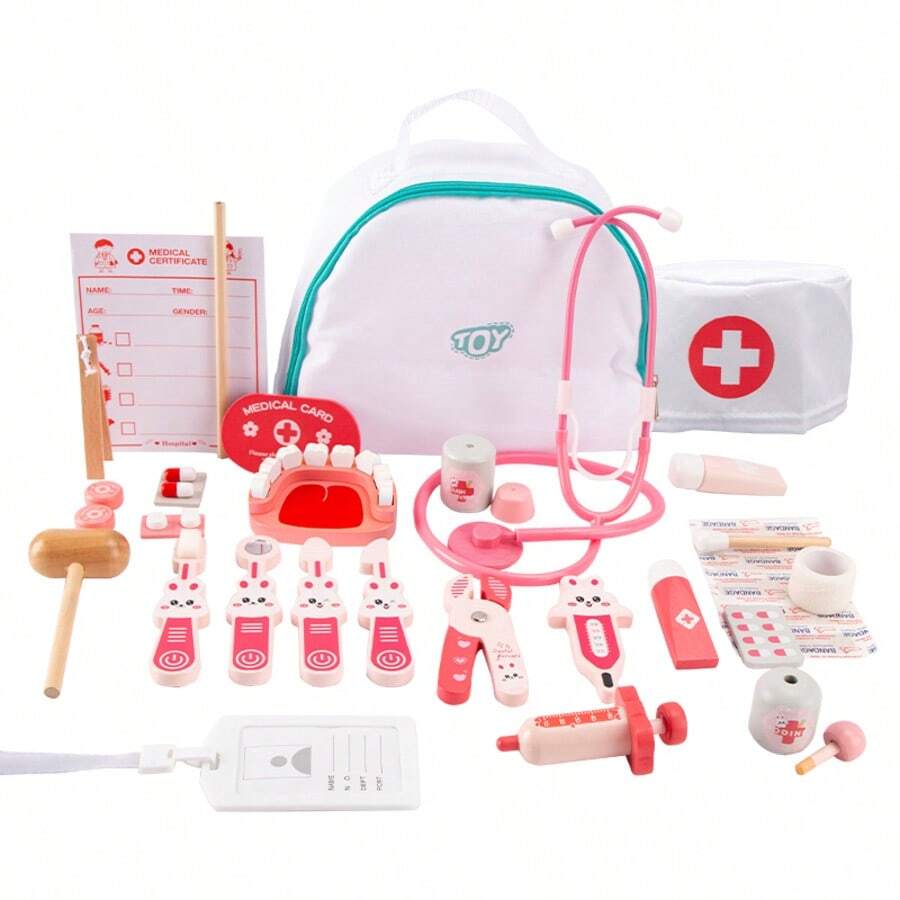 1 Set Wooden Children Doctor Toy Set, Realistic Stethoscope Dentist Tool Kit, Role Play Housekeeping Toy For Girls - Multicolor - View 1