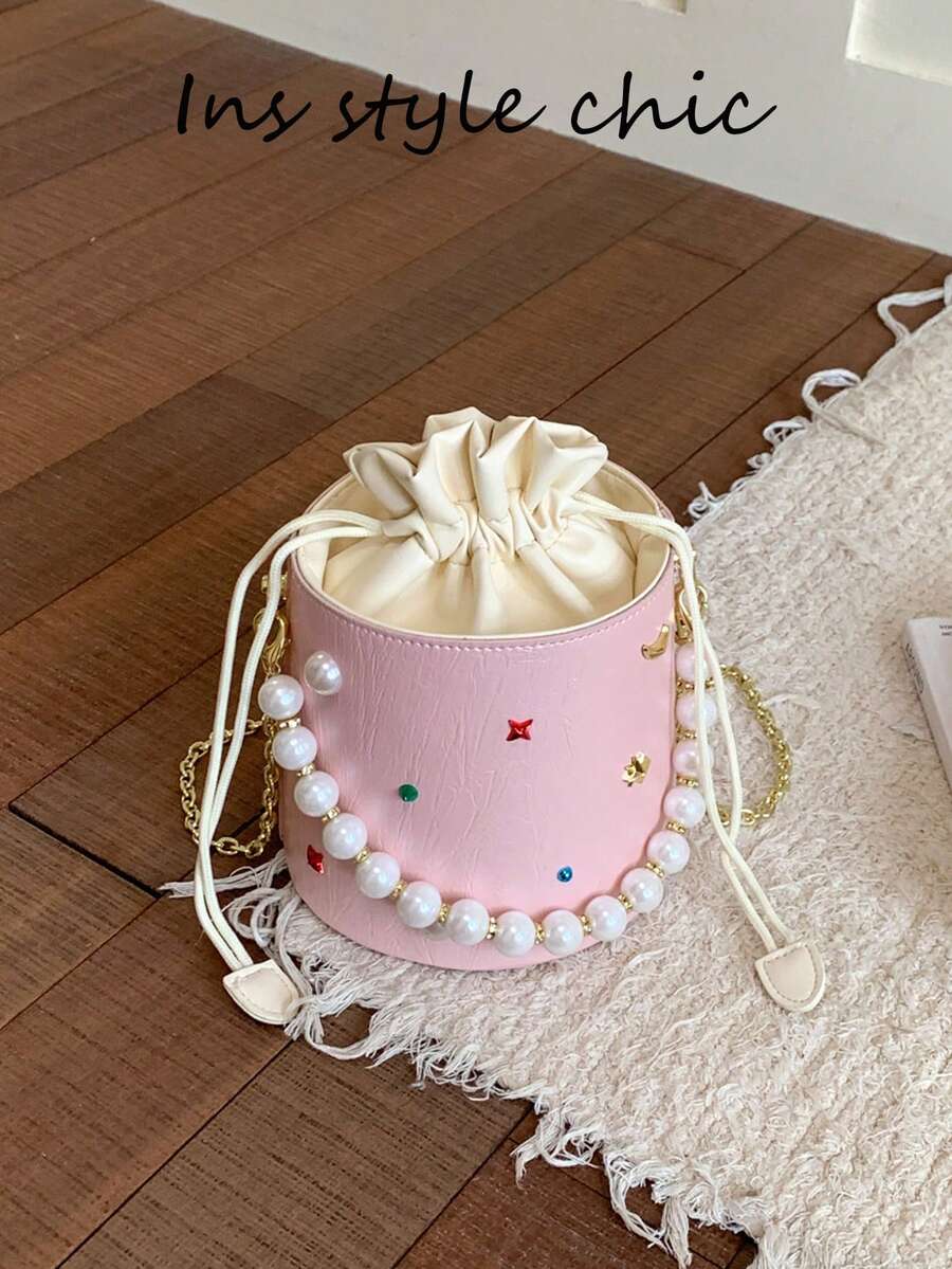 Pearl Beaded Colorful Rhinestone Metal Star Decor Ruched Texture Detachable Metal Chain Portable Drawstring Bucket Bag For Women, Sweet Round Cylinder Handbag For Travel, Shopping, Dating, Exquisite Niche Crossbody Shoulder Bag, Fresh Versatile - Pink - View 1