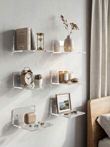 2/1pc Small Acrylic Wall-Mounted Shelf - Wall-Mounted Plant Hanging Display Rack, Bedroom Adhesive Storage Shelf, Transparent Toy Display Rack, Transparent Acrylic Floating Wall-Mounted Shelf, Mini Transparent Display Rack, Suitable For Bedroom, Office And Living Room, Small Floating Storage Shelf, Suitable For Smart Speakers, Monitors And Clocks And Other Items. - Multiple Styles - View 6