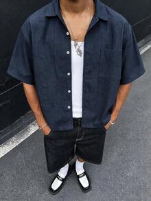 HOMIIE Men Navy Blue Boxy Short Sleeve Shirt, Chest Pocket, Button Up Casual Streetwear Top For Spring, Autumn, Daily, Vacation And Back To School - Navy Blue - View 1