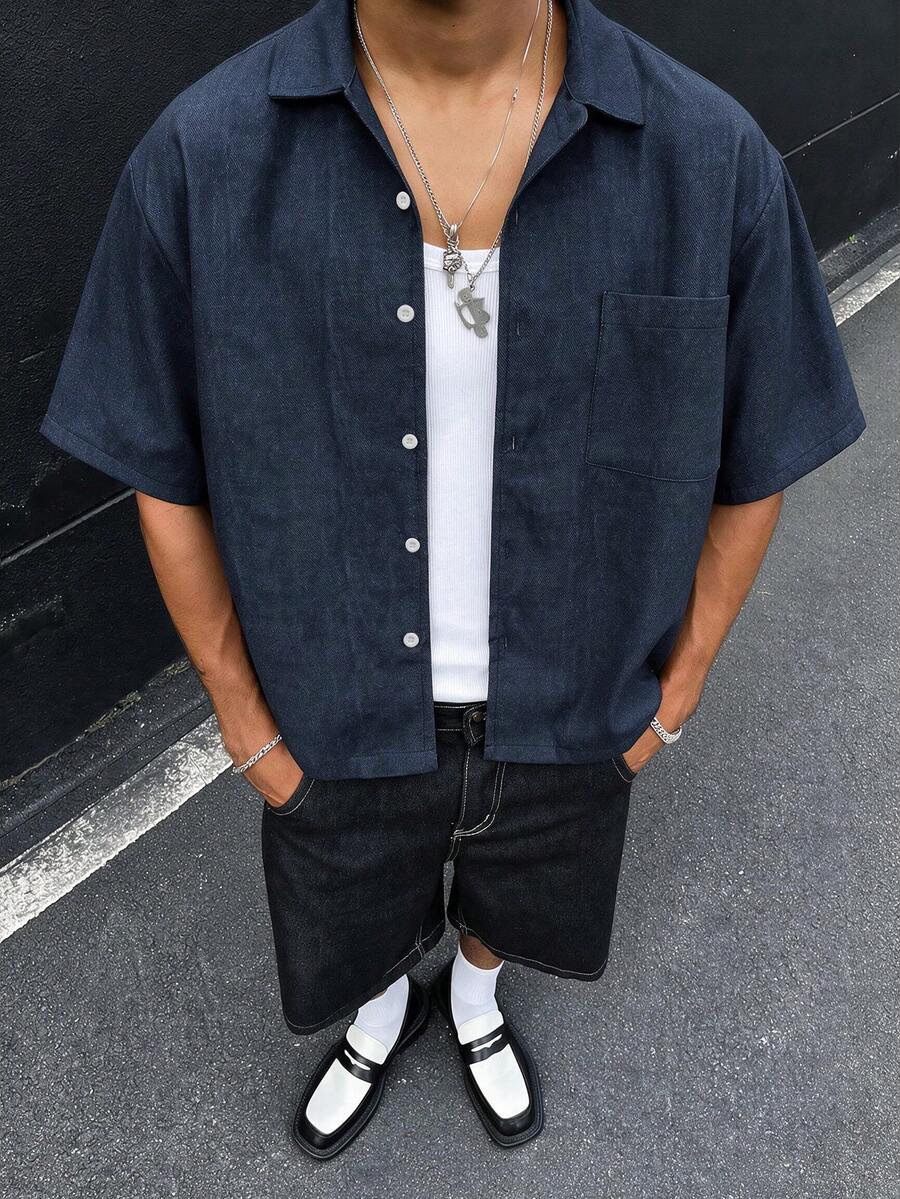 HOMIIE Men Navy Blue Boxy Short Sleeve Shirt, Chest Pocket, Button Up Casual Streetwear Top For Spring, Autumn, Daily, Vacation And Back To School - Navy Blue - View 1