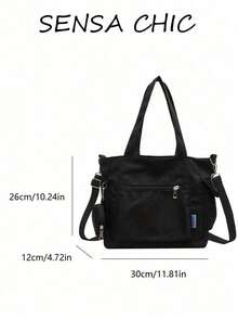 Black Nylon Tote Handbag With Front Zipper Pocket And Star Embossed Detail, Wide Strap And Side Storage Pockets, Suitable For Daily Use - Black - View 3