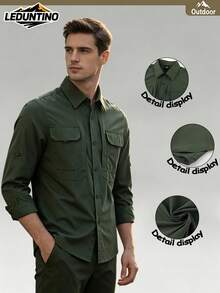 LEDUNTINO [Spring/Summer Style]Men's Fashion Button Casual Outdoor Shirt, Solid Green, Sports, Cargo, Quick-Drying, Boyfriend Gift, Men's Spring Autumn Long Sleeve Shirt - Army Green - View 2