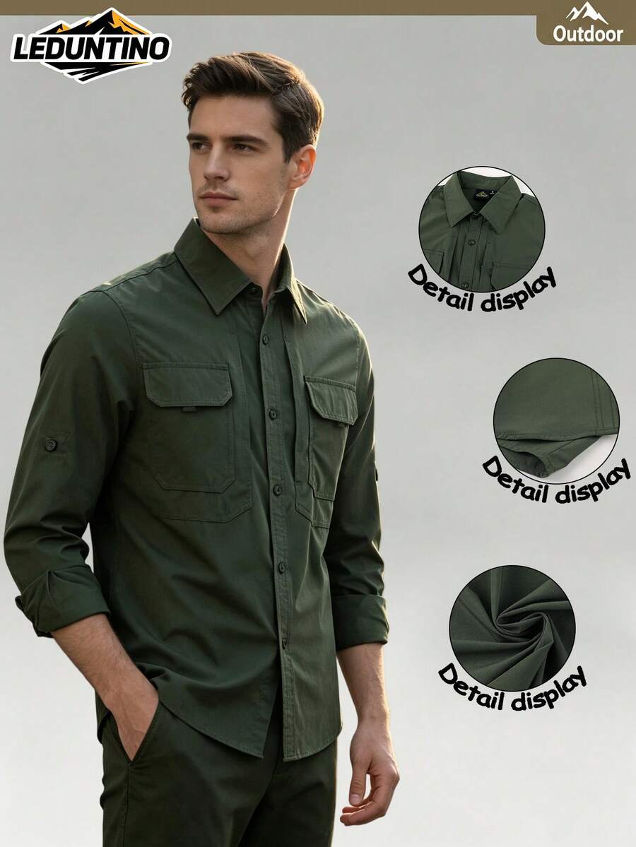 LEDUNTINO [Spring/Summer Style]Men's Fashion Button Casual Outdoor Shirt, Solid Green, Sports, Cargo, Quick-Drying, Boyfriend Gift, Men's Spring Autumn Long Sleeve Shirt