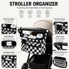 1pc Black And White Checkerboard Baby Stroller Storage Bag, Multi-Functional Diaper Organizer With Insulated Cup Holder, Portable Design, Detachable Phone Pouch And Shoulder Strap - Multicolor - View 5