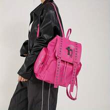 Pu Large Capacity Drawstring Rivet Single Shoulder Daily Casual Backpack - Rose Red - View 3