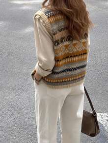 Cardigan Rompi Rajut Blok Warna Motif Vintage Musim Gugur/Dingin Wanita, Atasan Sweater Kancing Leher Bulat, Gaya Kasual Serbaguna - Jeruk - View 3