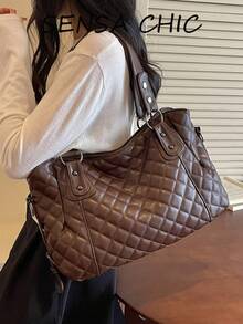 Classic Quilted Embossed Decor Durable Multi-Compartment Zipper Closure Relaxed Vintage Tote Bag, Professional Outdoor Travel Bag, Handheld Shoulder Crossbody Bag, Elegant Texture Women's Bag - Coffee - View 6
