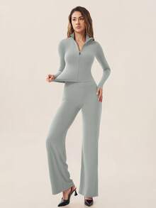 TimeOff Women's One Set Autumn/Winter Solid Color Stand Collar Jacket & High Waist Straight Leg Wide Leg Pants - Grey - View 9