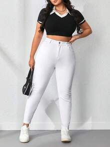 Plus Size White Slim Fit Jeans With Pockets, High Stretch Fabric, Suitable For Casual Autumn Wear - White - View 7
