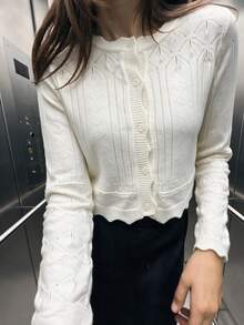 Sookaug 優雅鏤空長袖羅紋圓領鉤針針織開襟衫，秋季必備，2026新款，女款小圓領羅紋針織條紋開襟衫，長袖標準版型針織上衣，中等彈性，適合秋冬穿著 - 米色 - 查看 3