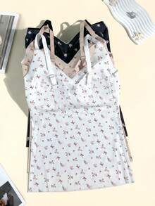 3pcs Seamless Ditsy Floral Camisole Tank Tops For Women Plus Size, Elastic Comfortable With Padded Cups, Innerwear And Outerwear - Multicolor - View 2