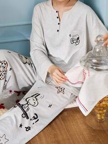 Gongdie 2 Pieces Snoopy Women Pajama Set,Fall Gray Soft Cotton Loungewear With Henley Neckline And Doodle Cartoon Print - Light Grey - View 5