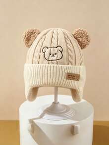 1pc Baby Cartoon Bear Embroidered Plush Ear Cable Knit Fabric Warm Windproof Cute Style Ear Protection Knit Hat Autumn/Winter Outdoor Daily - Multicolor - View 7