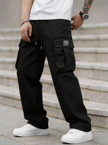 Men's Letter Patch Multi-Pocket Drawstring Waist Loose Fit Cargo Pants, Black, Street Fashion - Black - View 2