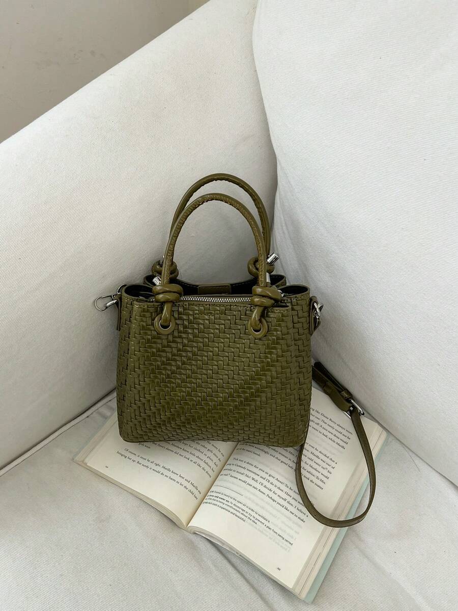 Handmade Woven Mini Tote Bag, Twist Handle Design, Vintage Maillard Style, Crossbody Niche Textured Handbag