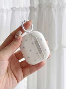 韓式簡約奶油白配淺藍星星耳機保護殼，附掛環，適用 AirPods4/AirPodsPro1/2/3，清新甜美女孩風耳機保護套 - 白色 - 查看 3