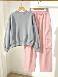 Street Sweet Style Fashion Personalized Casual Letter Print Crew Neck Sweatshirt + Versatile Cargo Pants, 2pcs Set For Girls Daily Autumn/Winter - Grey - View 2