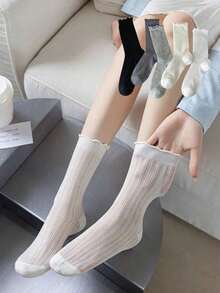 1/3/5/10 Pairs Women's Stacked Socks, Summer Thin Ballet Style Boat Socks, Mesh Breathable Ruffle Mid-Calf Socks, Ins Style Versatile Short Socks - Multicolor - View 11