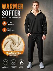 Men's 2 Pieces Winter Thermal Lined Thick Pullover Sweatshirt And Long Pants Set, Outdoor Vacation Cycling Workout Gym Running Sportswear - Black - View 11