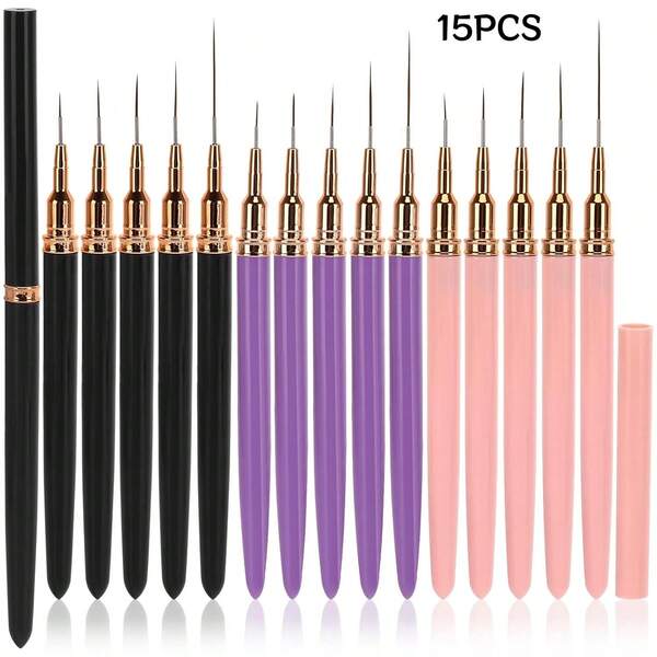 15Pcs Ultra Thin Nail Art Liner Brushes Set, Precision Detail Drawing Striping Pens With Fine Bristles For Micro Lines, Flower Patterns, Edge Outline Nail Decoration