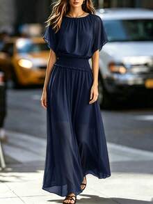 Elegant Solid Navy Blue Chiffon Long Dress, Round Neck, Flutter Short Sleeves, Elastic Ruffle Waist, Flowy Women's Dress - Navy Blue - View 4