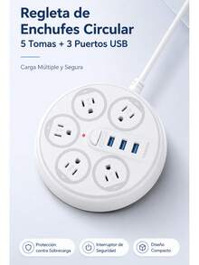 MOREKA Multicontacto 8 en 1 con USB, Regleta Eléctrica de 2500W, Cable de 2 m, Extensión Eléctrica con Múltiples Tomas de Corriente y Puertos USB, Ideal para TV, Laptop, Computadora, Teléfono, Hogar y Oficina - Blanco - Ver 5