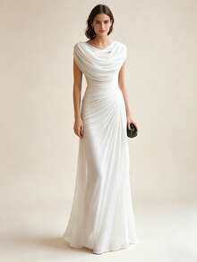 Vestido de fiesta elegante con pliegues y escote drapeado novedad 2026, diseño versátil para look informal y eventos - Blanco - Ver 1